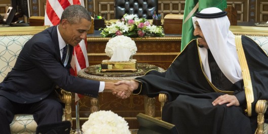 Saudi's newly appointed King Salman (R) shakes hands with US President Barack Obama at Erga Palace in Riyadh on January 27, 2015. Obama landed in Saudi Arabia with his wife First Lady Michelle Obama to shore up ties with King Salman and offer condolences after the death of his predecessor Abdullah. AFP PHOTO / SAUL LOEB (Photo credit should read SAUL LOEB/AFP/Getty Images)